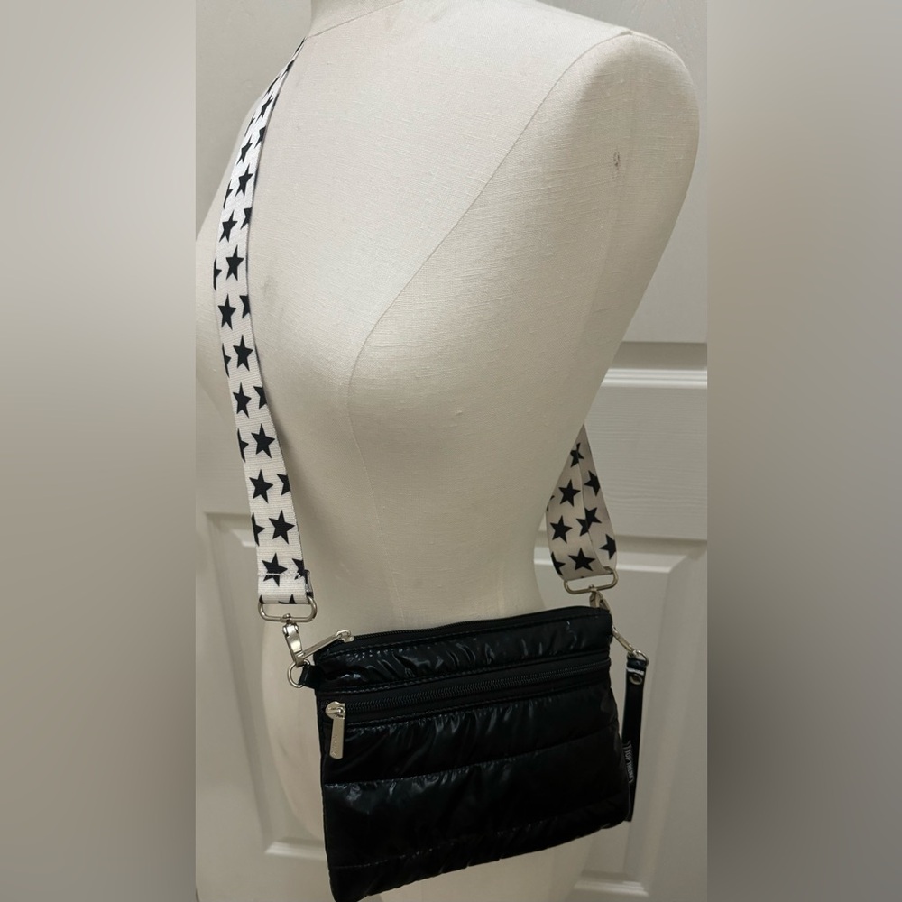 Top Trenz Crossbody/beltbag And Wrist Bag W pockets Shiny Black Stars St…